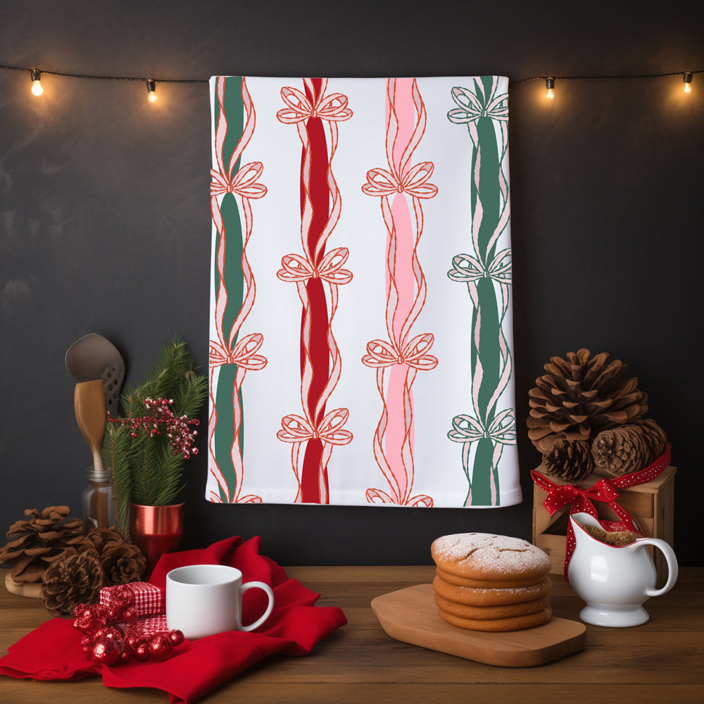 Pink green red Christmas kitchen towel
White Christmas kitchen towel accents
Pink red green holiday kitchen decor
Christmas kitchen towel pink white design