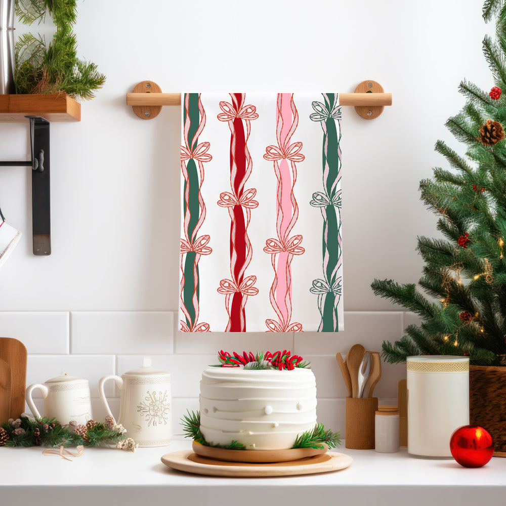 Elegant bow Christmas kitchen accessories
Chic Christmas kitchen towel ribbon
Sophisticated bow holiday kitchen towel