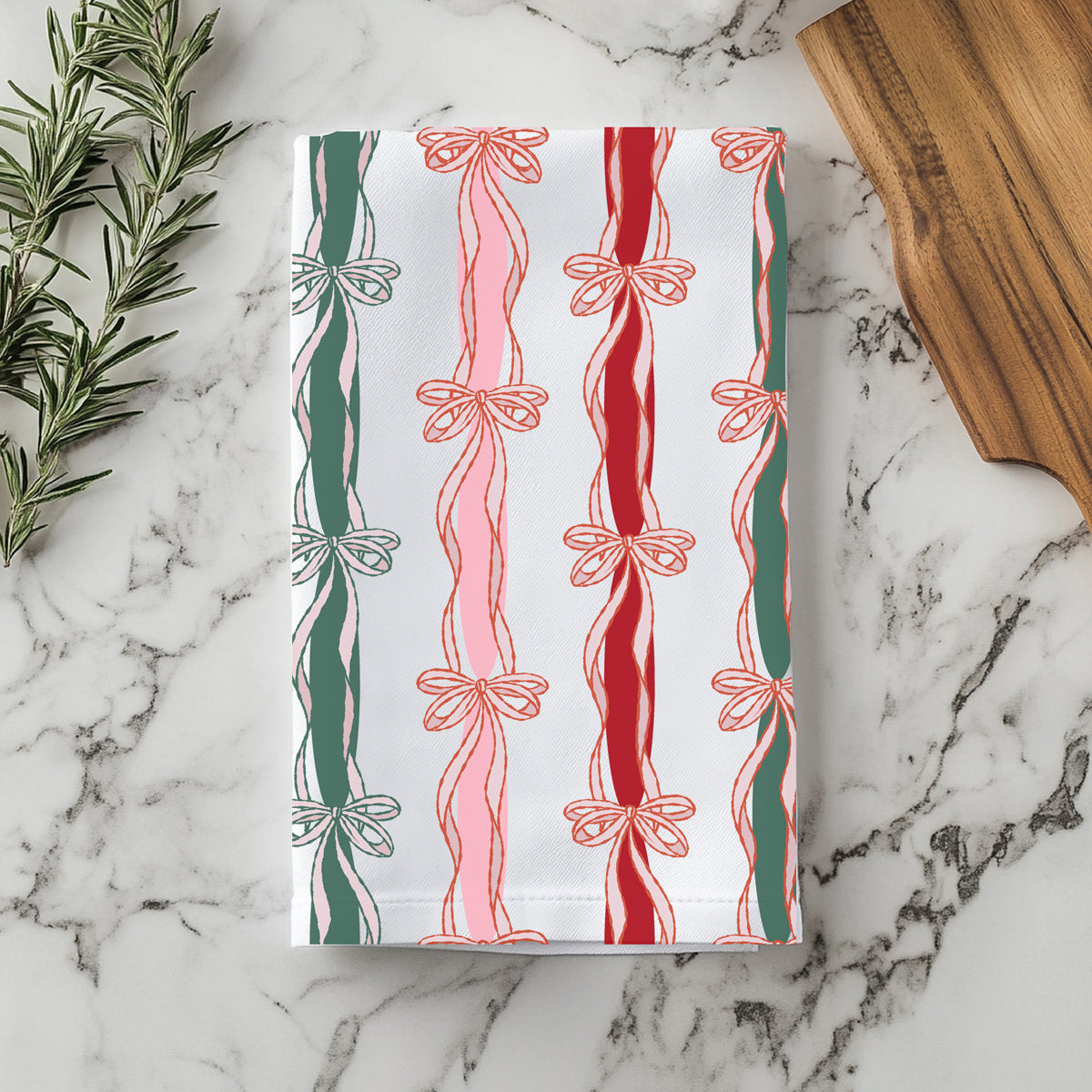 Bow pattern Christmas kitchen towel
Ribbon design holiday kitchen towel
Christmas kitchen towel bow pattern
Holiday color scheme kitchen towel
Christmas kitchen accessories pink green