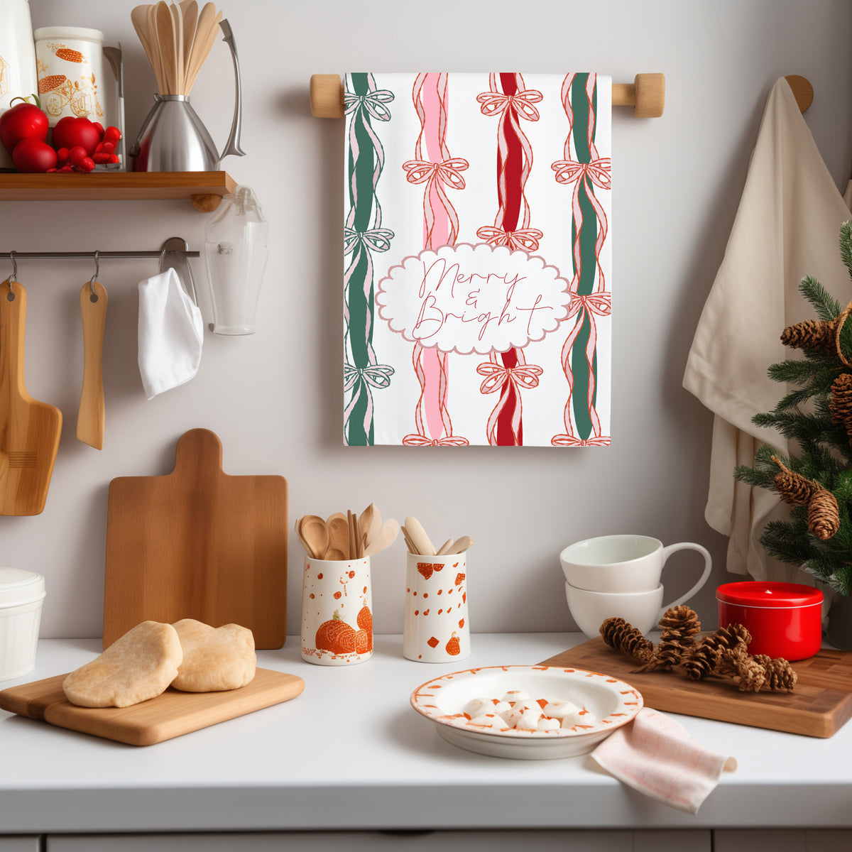 Aesthetic holiday kitchen essentials
Merry & Bright Christmas Kitchen Towel - Elegant Ribbon Bow Holiday Decor
Merry Bright Christmas Kitchen Towel Ribbon Bow 18x29" Cotton
Red green Christmas kitchen accessories
Pink holiday kitchen towel design
