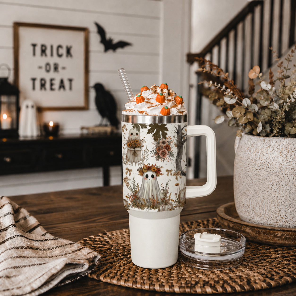 40oz Halloween travel tumbler with boho ghost print
Pumpkin ghost tumbler for fall coffee iced drinks and water
Vintage Halloween tumbler with ghosts bows pumpkins and flowers
Boho farmhouse Halloween tumbler with cute ghost pattern
Fall drink tumbler with neutral ghost and pumpkin artwork
40oz handled tumbler with Halloween ghost fall design
Cute Halloween ghost cup with autumn pumpkins and flowers
