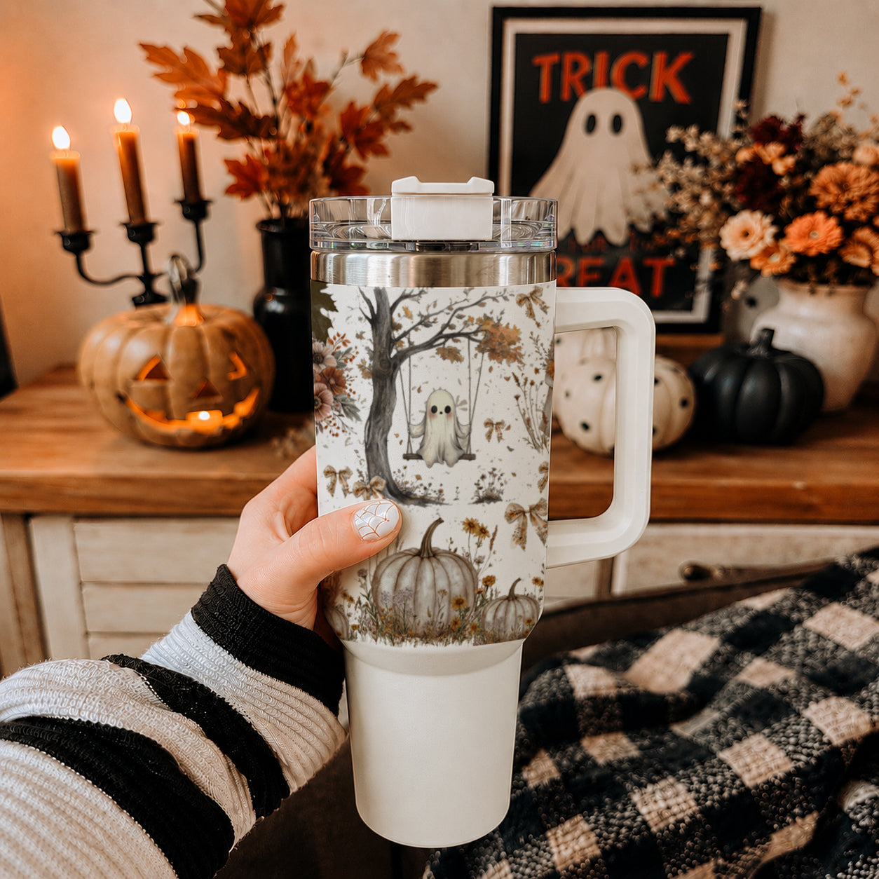 40oz Halloween ghost tumbler with fall floral pumpkin design
Boho Halloween tumbler with ghosts pumpkins and autumn flowers
Fall ghost tumbler with neutral farmhouse Halloween design
40oz fall tumbler with cute ghost and pumpkin artwork
Cute ghost stainless tumbler for spooky season drinks
Fall pumpkin stainless tumbler with Halloween ghost design