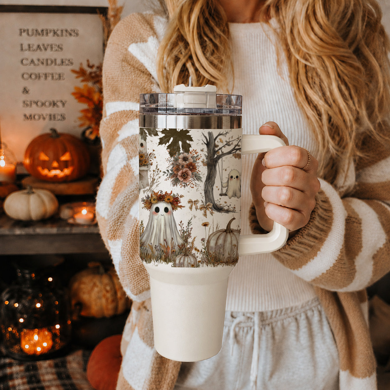 Fall pumpkin tumbler with whimsical ghost illustration
Halloween coffee tumbler with floral ghost and pumpkin print
Boho autumn ghost tumbler for fall home decor lovers
Neutral fall tumbler with cute ghosts pumpkins and bows
Halloween 40oz tumbler with cozy autumn cottage design
Fall floral Halloween tumbler with ghost and pumpkin pattern
