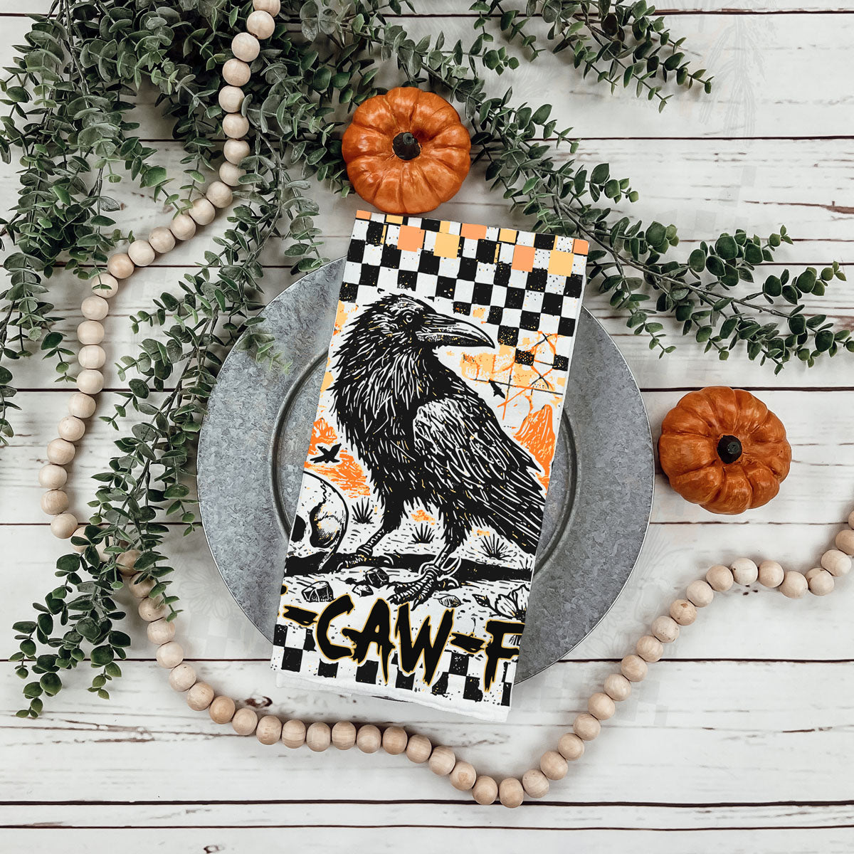 funny fall kitchen towel with sarcastic crow artwork
quirky halloween home décor towel with f caw f phrase
unique halloween hostess gift crow checkered towel
funny adult halloween gift crow and skull kitchen towel
black crow gothic halloween textile for spooky kitchen