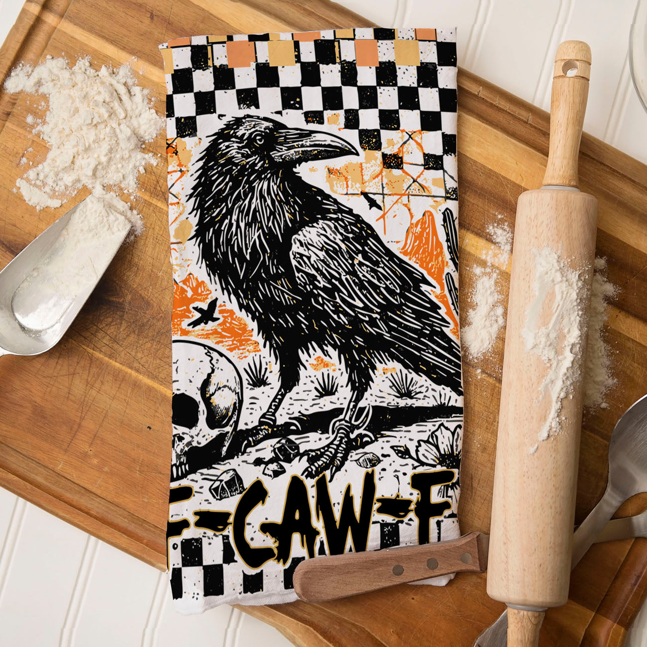 retro punk halloween crow towel for alternative home décor
vintage western goth crow towel with cactus and skull
funny halloween coffee bar towel with crow illustration
unique fall gift idea crow themed cotton towel
spooky retro halloween towel with bold crow graphic
