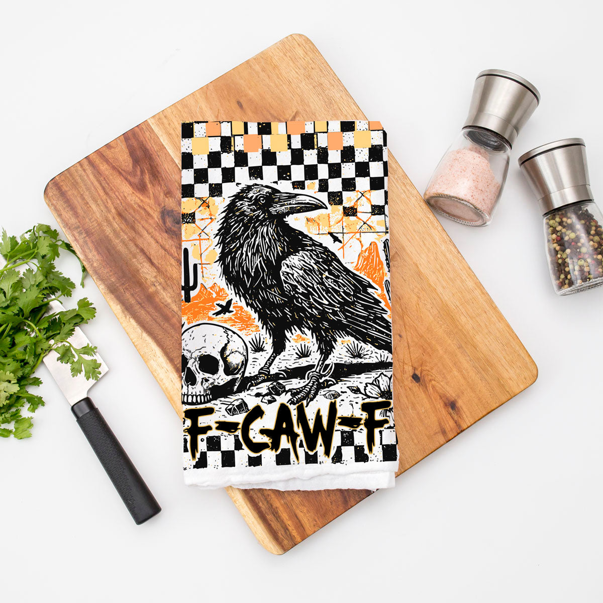 funny witchy halloween towel for october decorating
spooky crow towel for haunted house kitchen
fall halloween decor towel with retro crow artwork
vintage halloween style towel with raven illustration
unique goth fall decor crow and skull flour sack towel