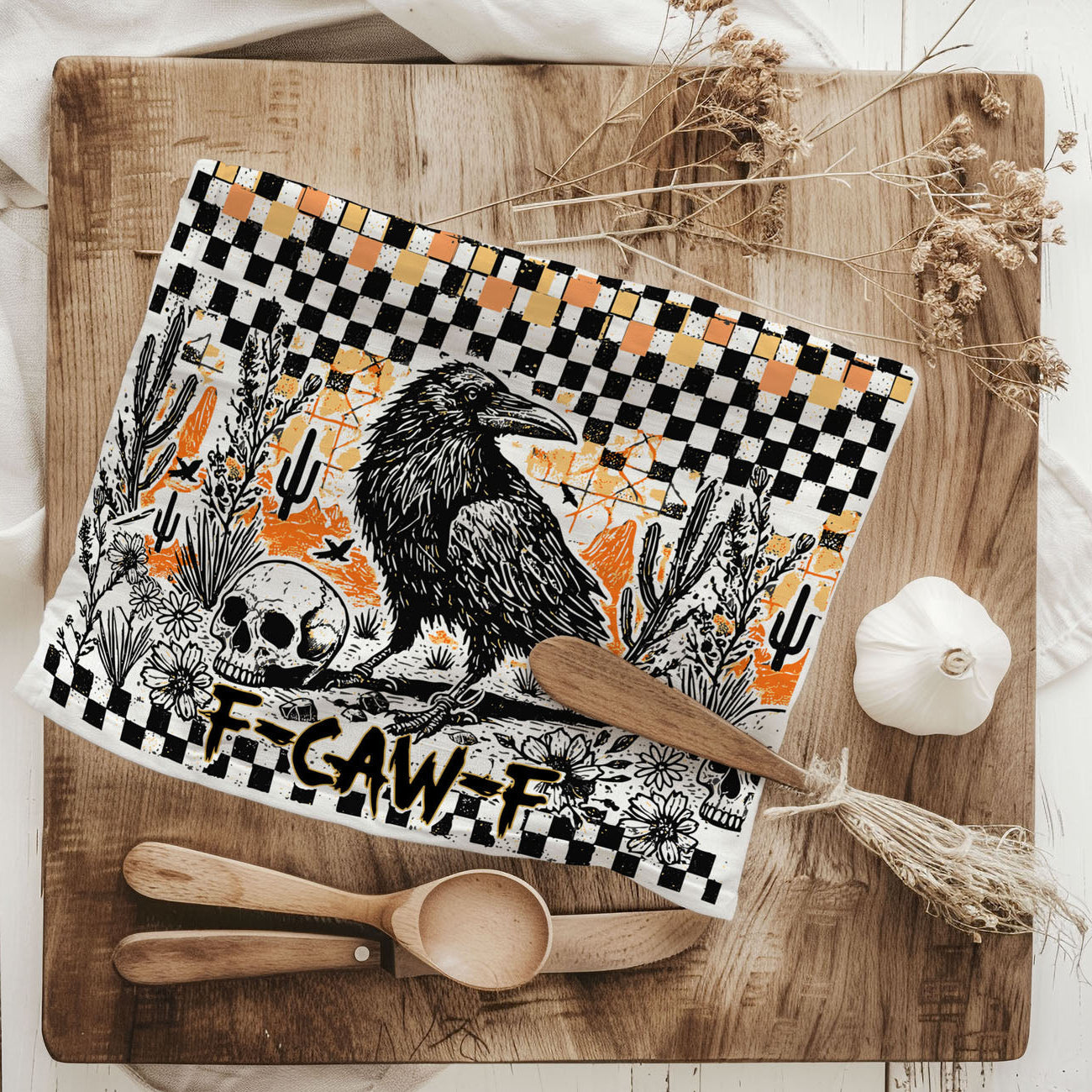 funny crow halloween kitchen towel with f caw f saying
raven skull and checkered gingham halloween dish towel
gothic crow flour sack towel for fall kitchen décor
black crow on orange and black check pattern tea towel
boo season kitchen towel funny bird phrase