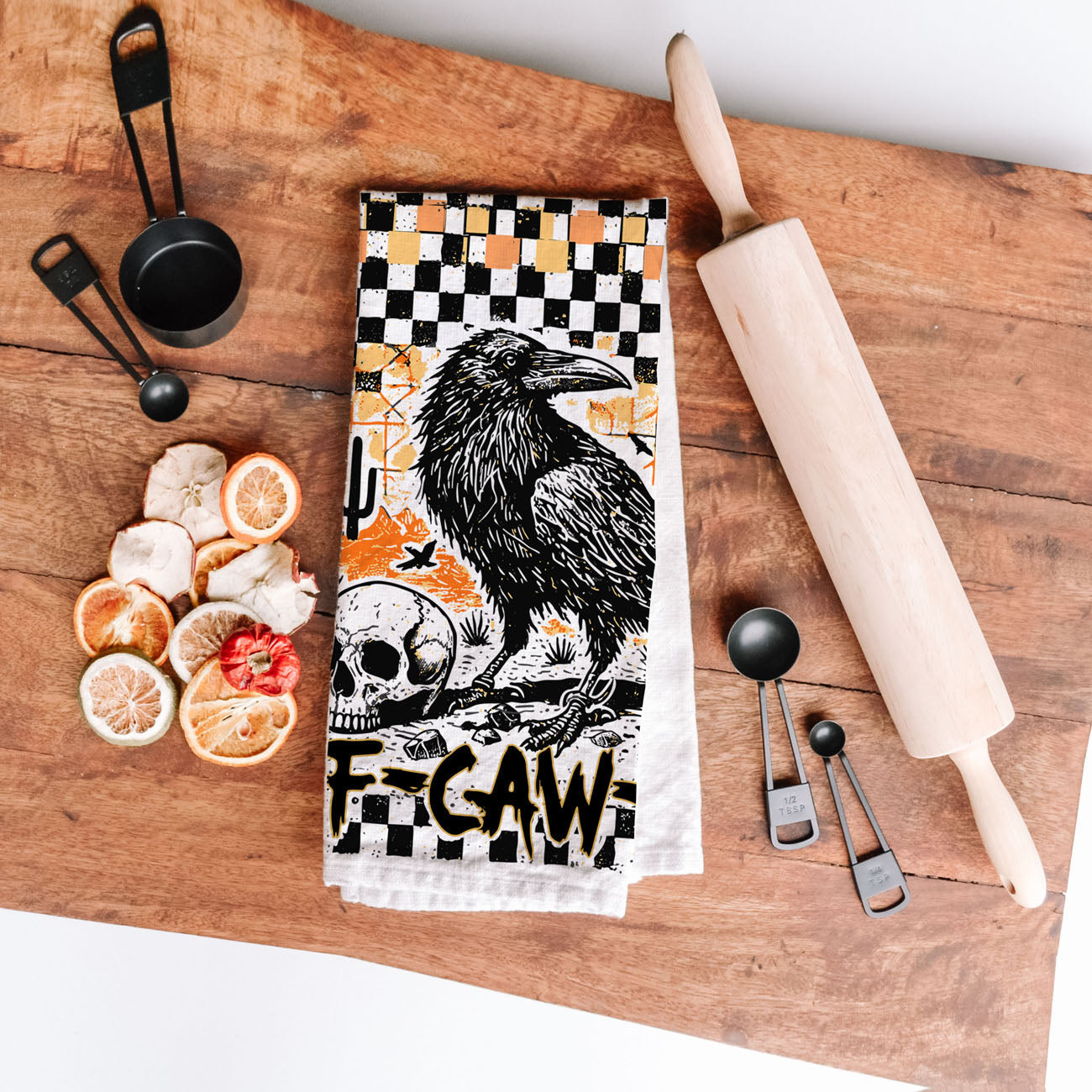 retro checkered halloween towel for eclectic kitchen style
funny halloween kitchen towel crow design
spooky halloween decor crow and skull towel
halloween kitchen towel black crow orange and black
gothic halloween decor raven flour sack towel