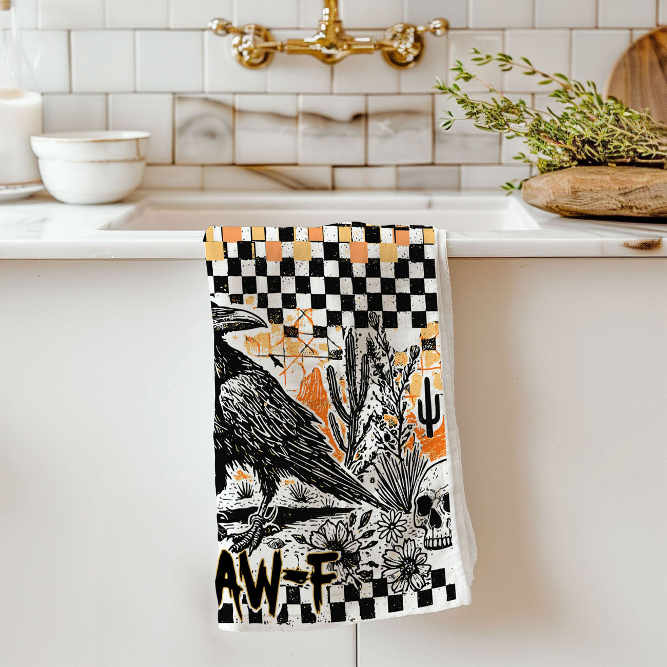 aesthetic halloween towel for dark cottagecore kitchen
tattoo style crow illustration on halloween dish towel
raven themed gothic kitchen towel perfect for halloween gift
orange and black checkered crow towel for fall coffee bar
favorite halloween decoration funny crow dish towel
