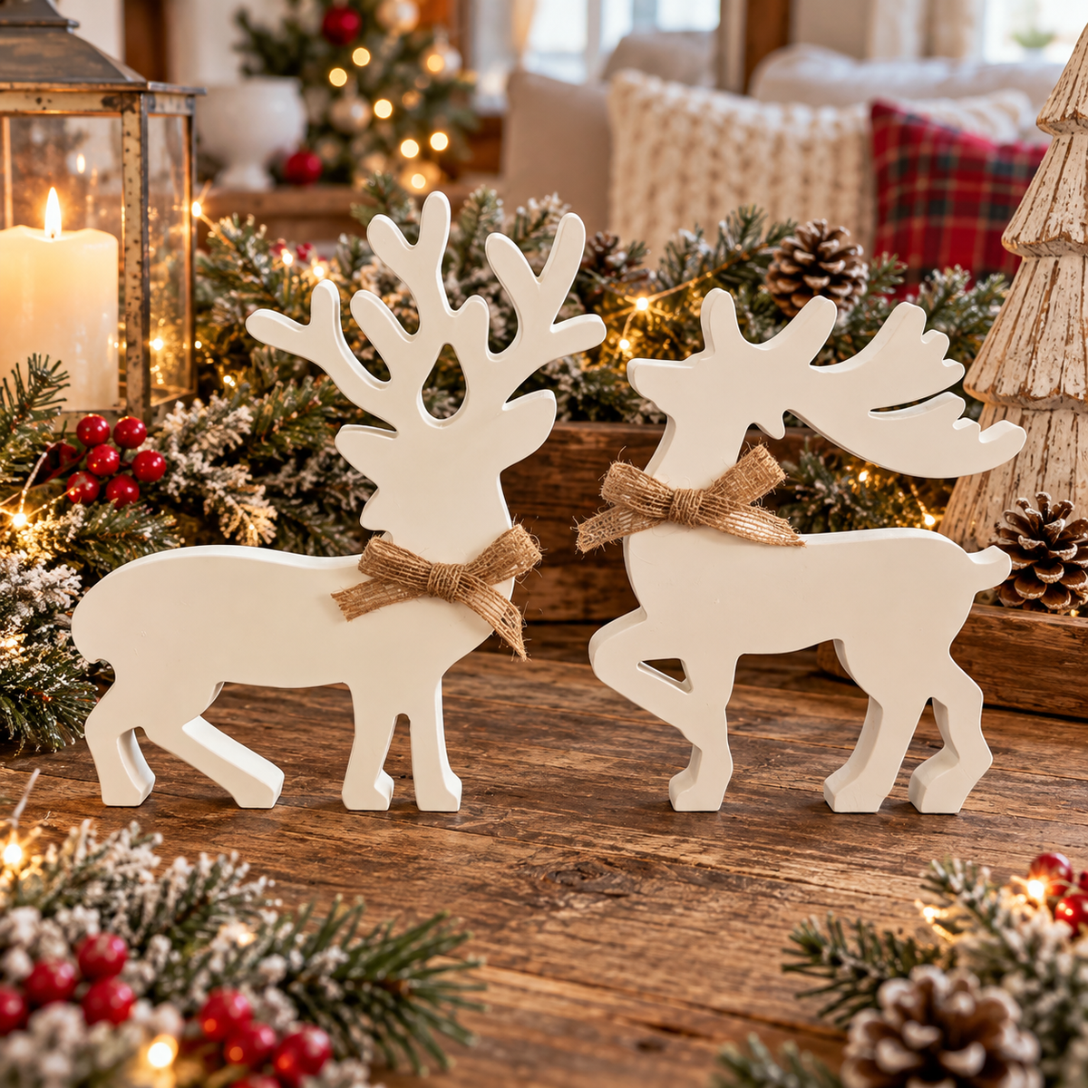 Neutral Christmas reindeer figurines with rustic bows
Indoor wooden reindeer decorations for holiday styling