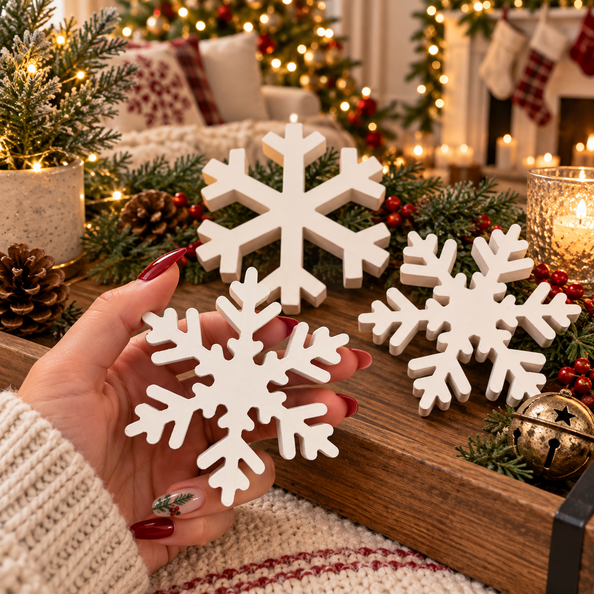 wooden snowflake holiday decorations
neutral farmhouse Christmas decorations
white snowflake winter home decor
wooden Christmas snowflake tabletop decorations