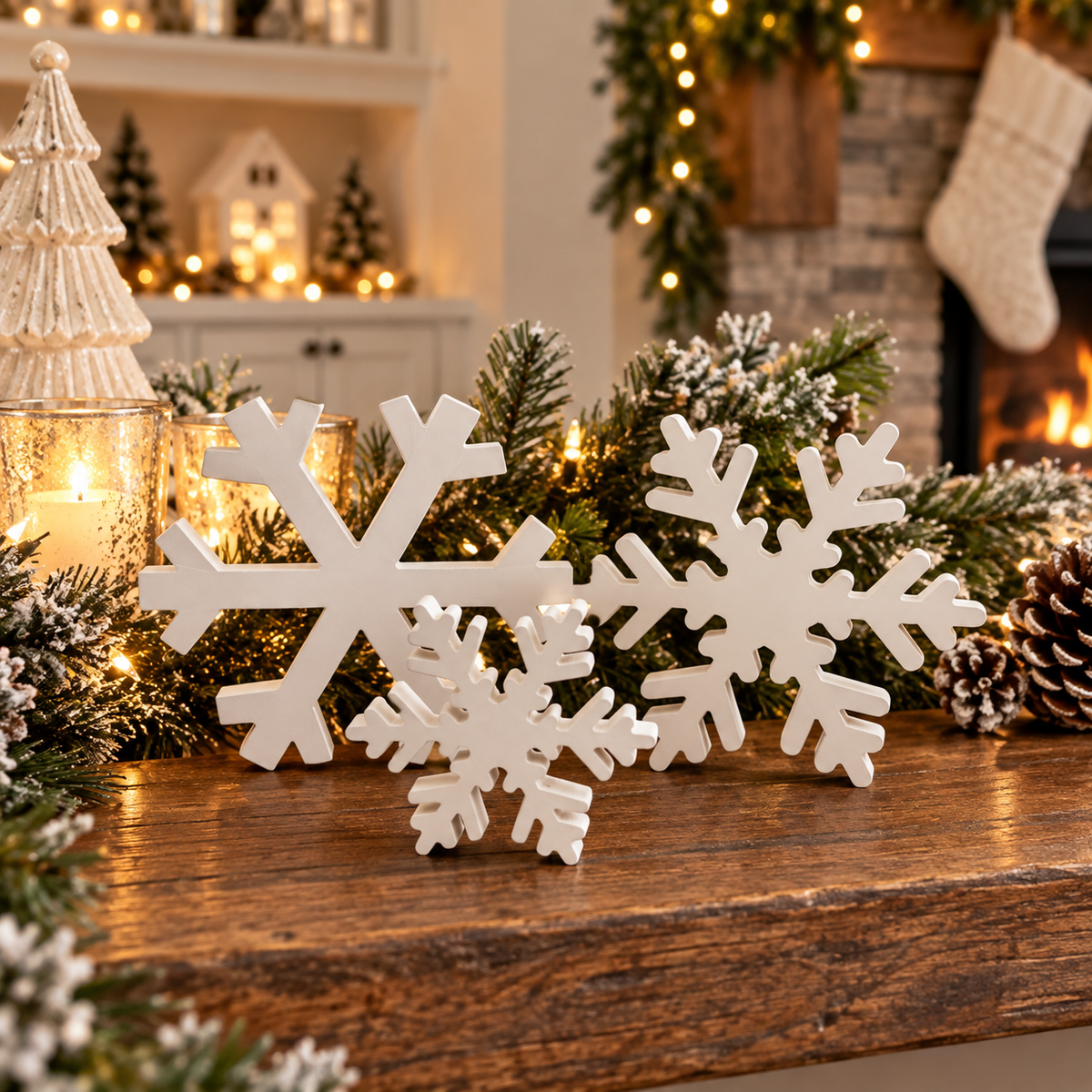 Wooden Snowflake Decorations, White Christmas Decor Set, Farmhouse Winter Holiday Tabletop Decor