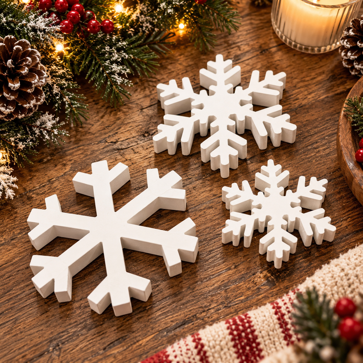 snowflake decorations for Christmas shelf
Christmas snowflake decorations for mantel
wooden snowflake decorations for holiday table
white Christmas snowflake shelf decorations