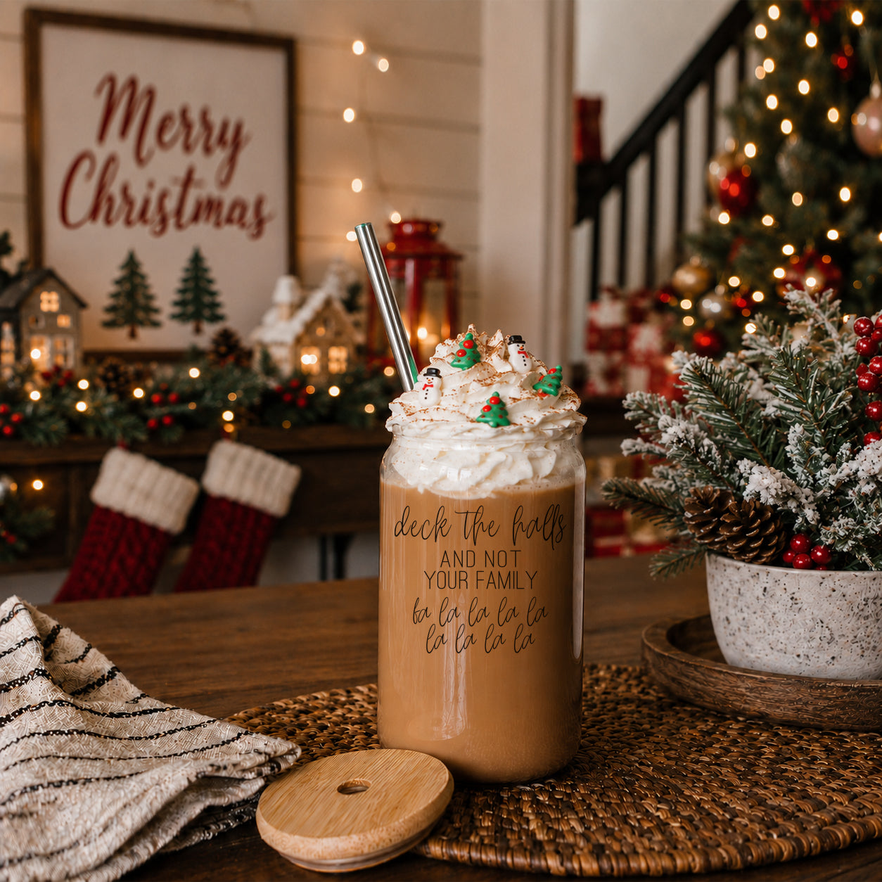Christmas coffee mugs with lids, Christmas coffee mug gift sets, Glass Coffee cups with sayings on them funny
Holiday Coffee Mug Humor with Lid and Straws