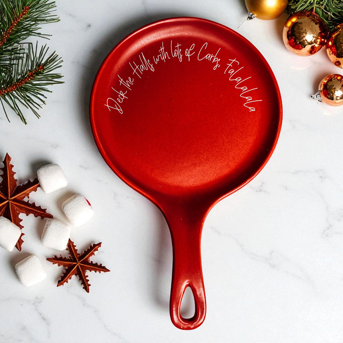 Funny red Christmas spoon rest with holiday baking saying - Deck the Halls with Lots of Carbs