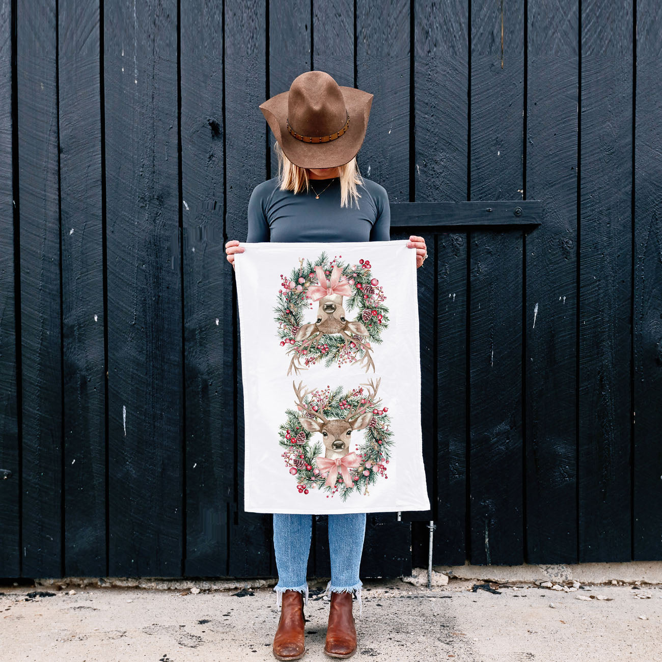 christmas kitchen towel on cutting board deer wreath
holiday dish towel styled with rosemary deer design
kitchen towel flat lay neutral christmas deer decor
rustic kitchen towel deer wreath wood background
white kitchen towel with deer wreath design
kitchen towel styled farmhouse christmas scene deer
