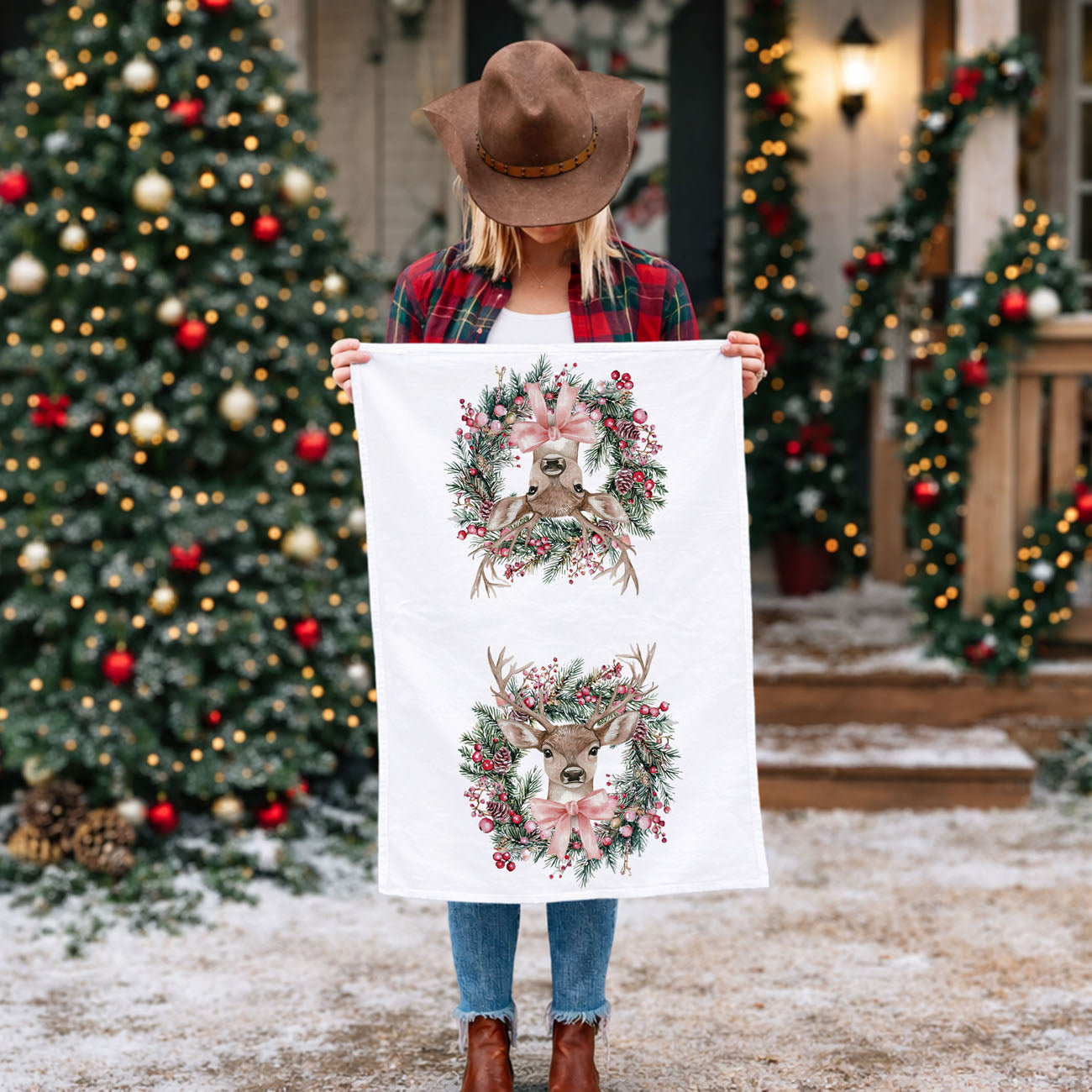 christmas tea towel deer in wreath greenery berries
flour sack christmas towel deer farmhouse holiday
christmas hand towel deer wreath rustic decor
holiday dish towel deer and pinecone wreath
decorative christmas towel deer farmhouse kitchen