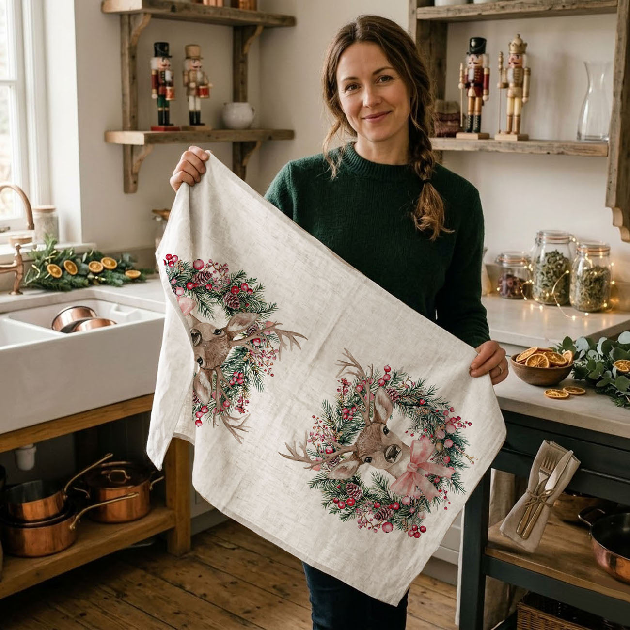 seasonal tea towel with rustic deer wreath
festive kitchen decor towel with deer artwork
Christmas towel with deer in flower wreath
holiday dish towel with woodland deer pattern
cute Christmas tea towel for gifting
elegant Chr