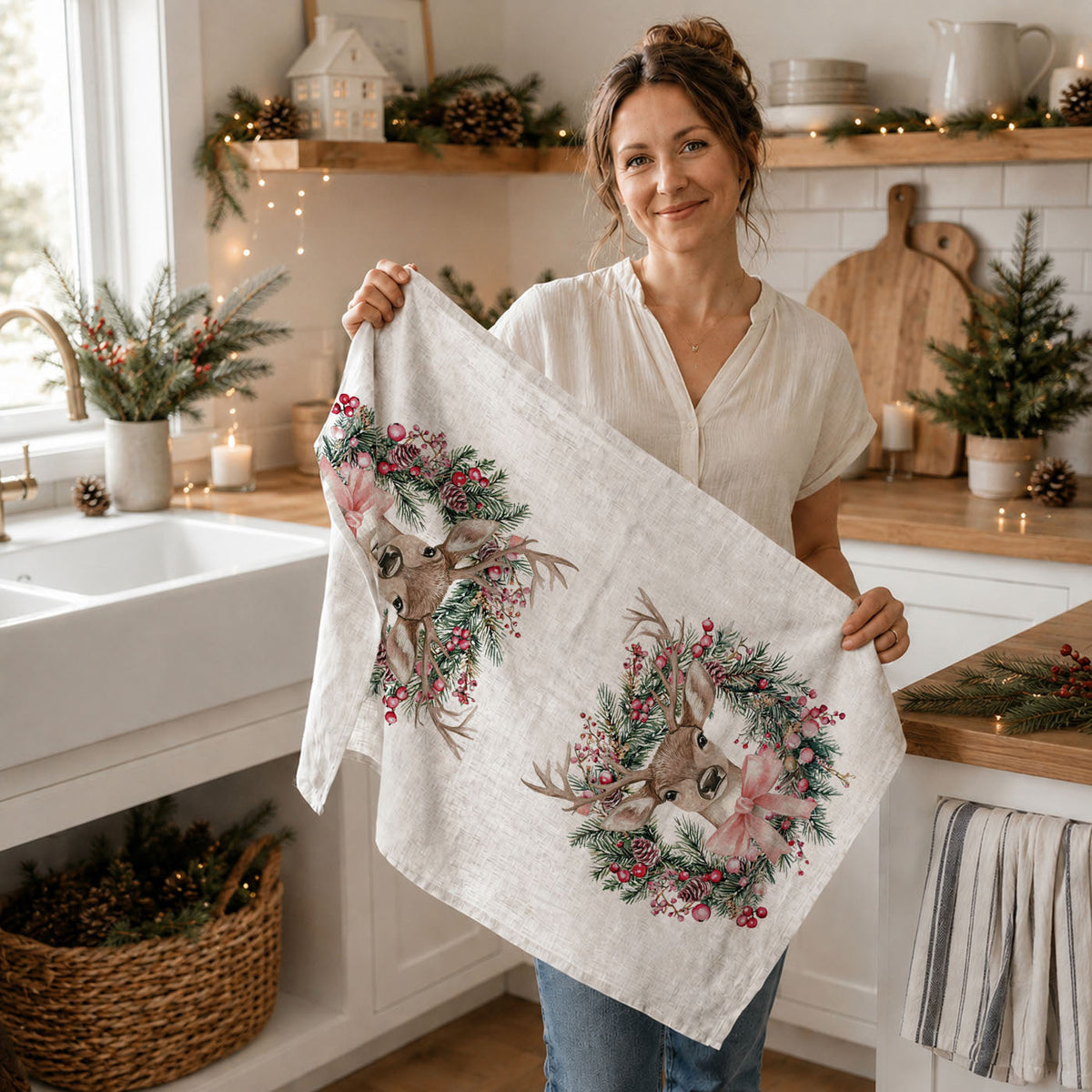 seasonal tea towel with rustic deer wreath
festive kitchen decor towel with deer artwork
Christmas towel with deer in flower wreath
holiday dish towel with woodland deer pattern
cute Christmas tea towel for gifting
elegant Christmas kitchen decor and gifts - pink green deer antler wreath