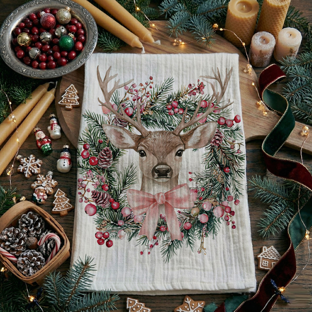 Christmas kitchen towel with deer in floral wreath
holiday tea towel with deer and flowers
festive deer kitchen towel for Christmas decor
woodland Christmas dish towel with floral wreath
decorative holiday towel with deer design
Christmas kitchen linen with deer and florals