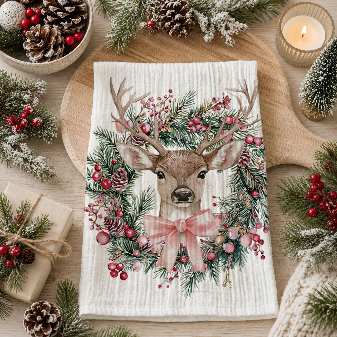 christmas tea towel deer in wreath greenery berries
flour sack christmas towel deer farmhouse holiday
christmas hand towel deer wreath rustic decor
holiday dish towel deer and pinecone wreath
decorative christmas towel deer farmhouse kitchen