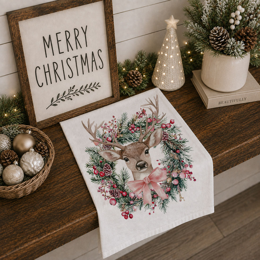 christmas kitchen towel on cutting board deer wreath
holiday dish towel styled with rosemary deer design
kitchen towel flat lay neutral christmas deer decor
rustic kitchen towel deer wreath wood background
white kitchen towel with deer wreath design
kitchen towel styled farmhouse christmas scene deer