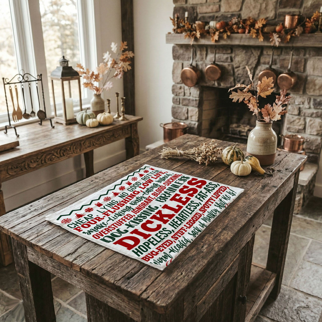 kitchen towel with funny quote in front of christmas tree
holiday towel held by woman festive outdoor setting
funny christmas towel styled cozy home background
kitchen towel with bold text styled holiday scene