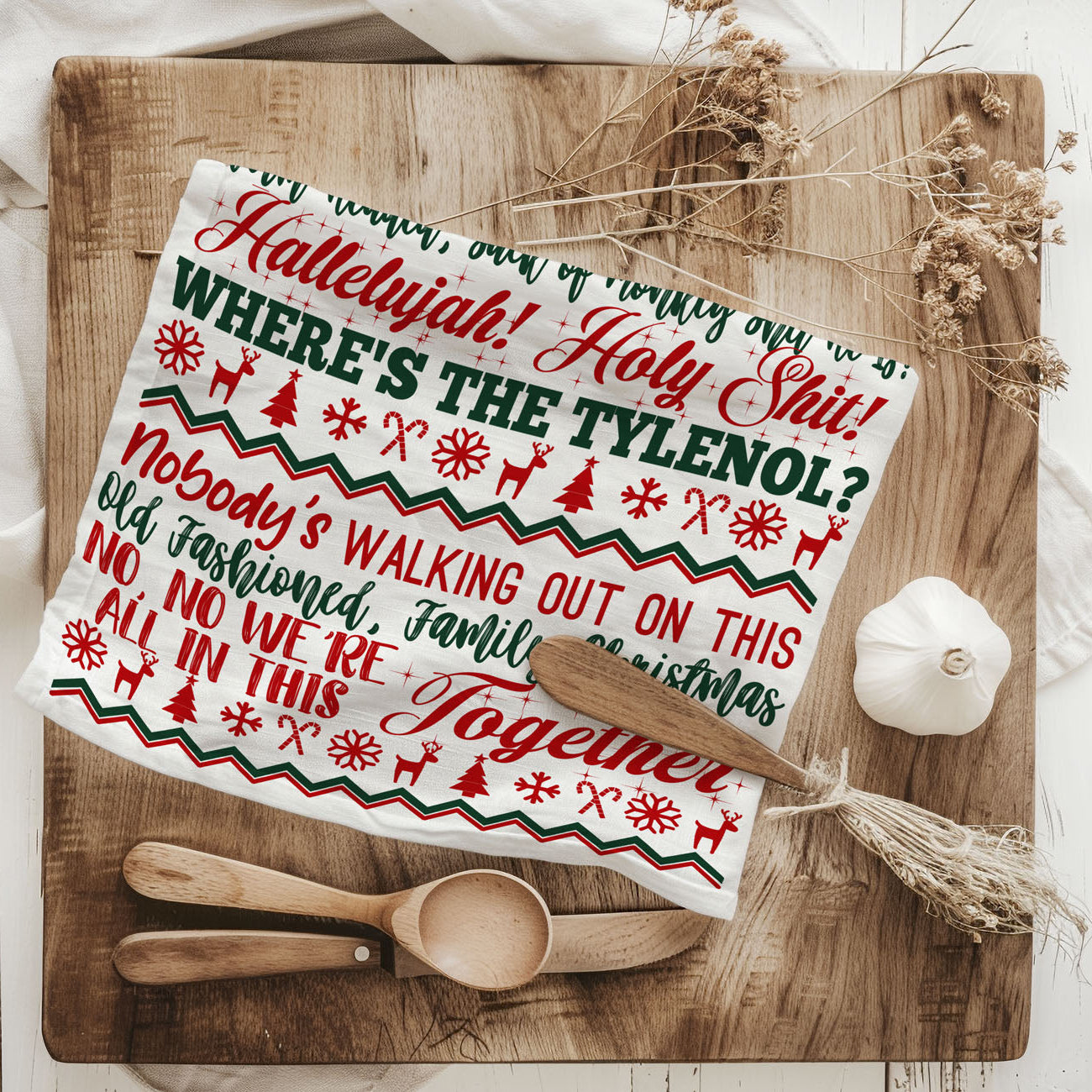 christmas towel that makes guests laugh funny decor
relatable holiday chaos kitchen towel humorous design
kitchen towel for surviving christmas with family
funny christmas sayings kitchen towel bold design
