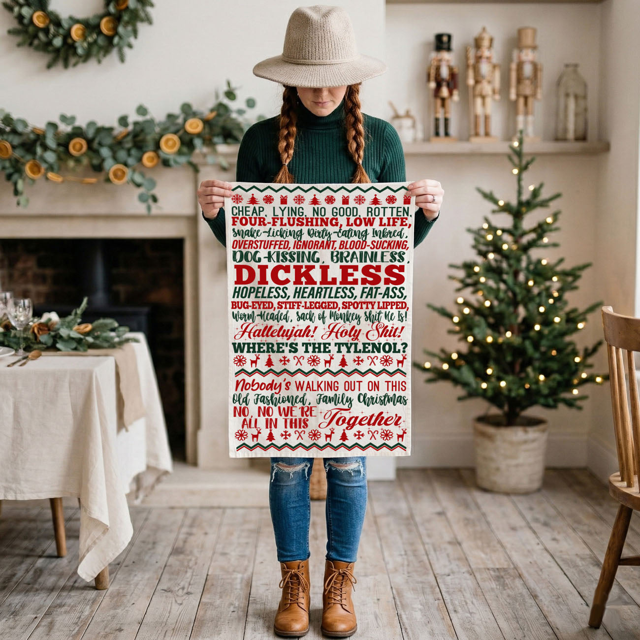funny decor for holiday hosting kitchen towel
holiday emotions humor kitchen towel festive
christmas mood funny kitchen towel decor
kitchen towel for festive but chaotic holidays
