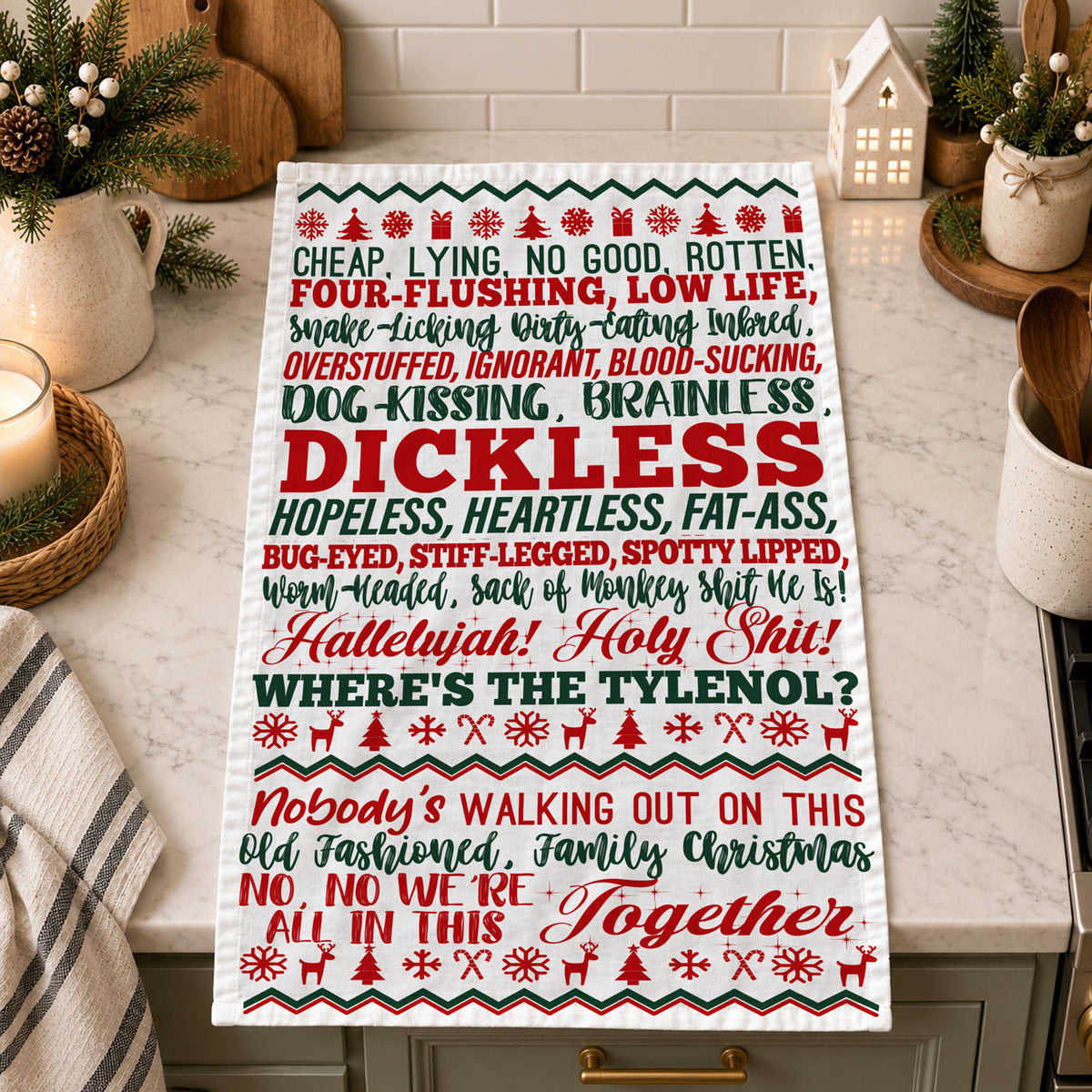 funny decor for holiday hosting kitchen towel
holiday emotions humor kitchen towel festive
christmas mood funny kitchen towel decor
kitchen towel for festive but chaotic holidays