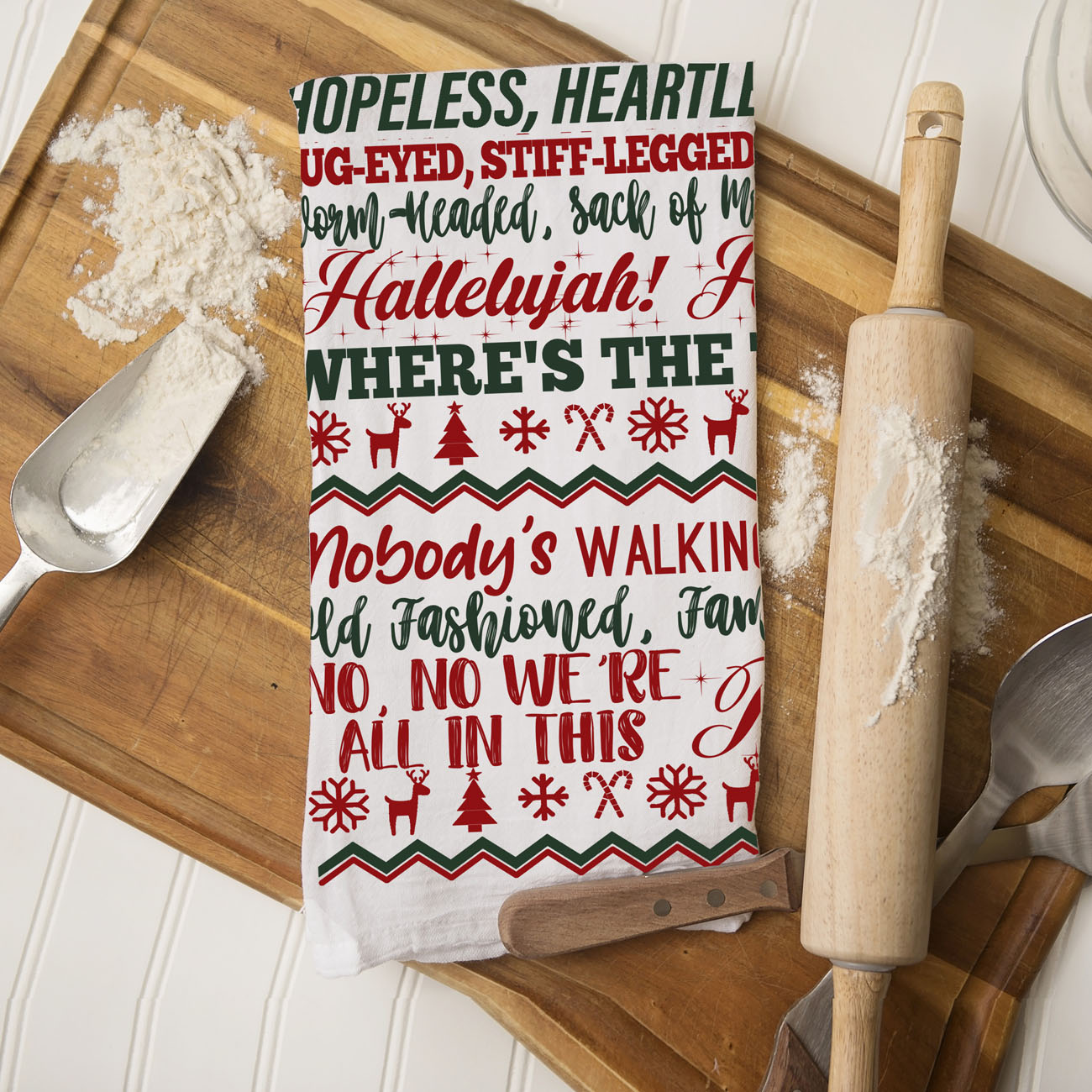 holiday decor towel styled outdoor snowy scene
kitchen towel styled christmas porch holiday decor
holiday stress humor kitchen towel christmas decor
funny christmas survival decor kitchen towel