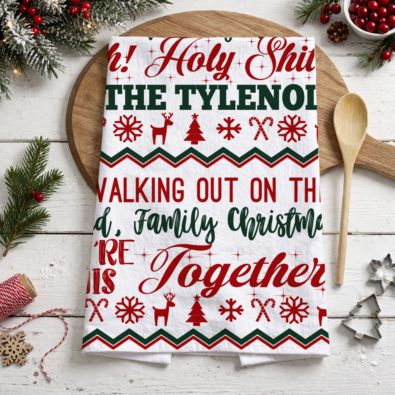 funny christmas kitchen towel movie quote holiday decor
kitchen towel funny quote styled christmas tree background
bold text christmas kitchen towel humorous quote detail