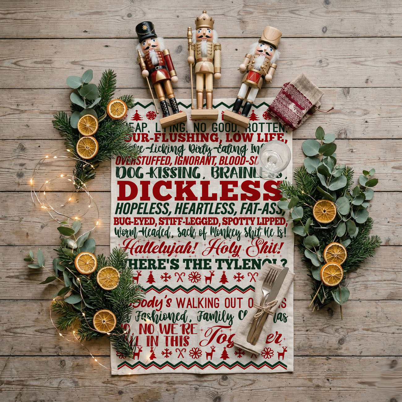 christmas kitchen towel held in front of decorated tree
holiday towel lifestyle outdoor christmas scene
kitchen towel funny quote styled holiday home
festive towel styled with christmas lights and decor
kitchen towel displayed cozy christmas background