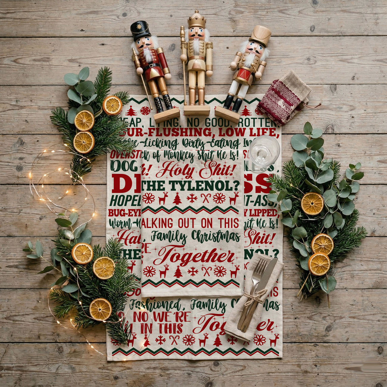 funny stocking stuffer christmas kitchen towel
unique gift for holiday gatherings kitchen towel
farmhouse christmas kitchen towel funny quote decor
holiday kitchen styling with funny text towel