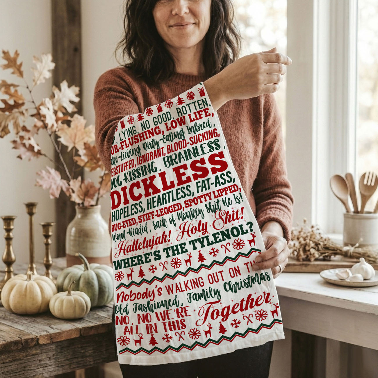 christmas kitchen decor funny towel farmhouse style
holiday kitchen styling funny quote towel aesthetic
cozy christmas home decor humorous kitchen towel
kitchen towel styled festive home decor funny design
holiday decor with personality kitchen towel
