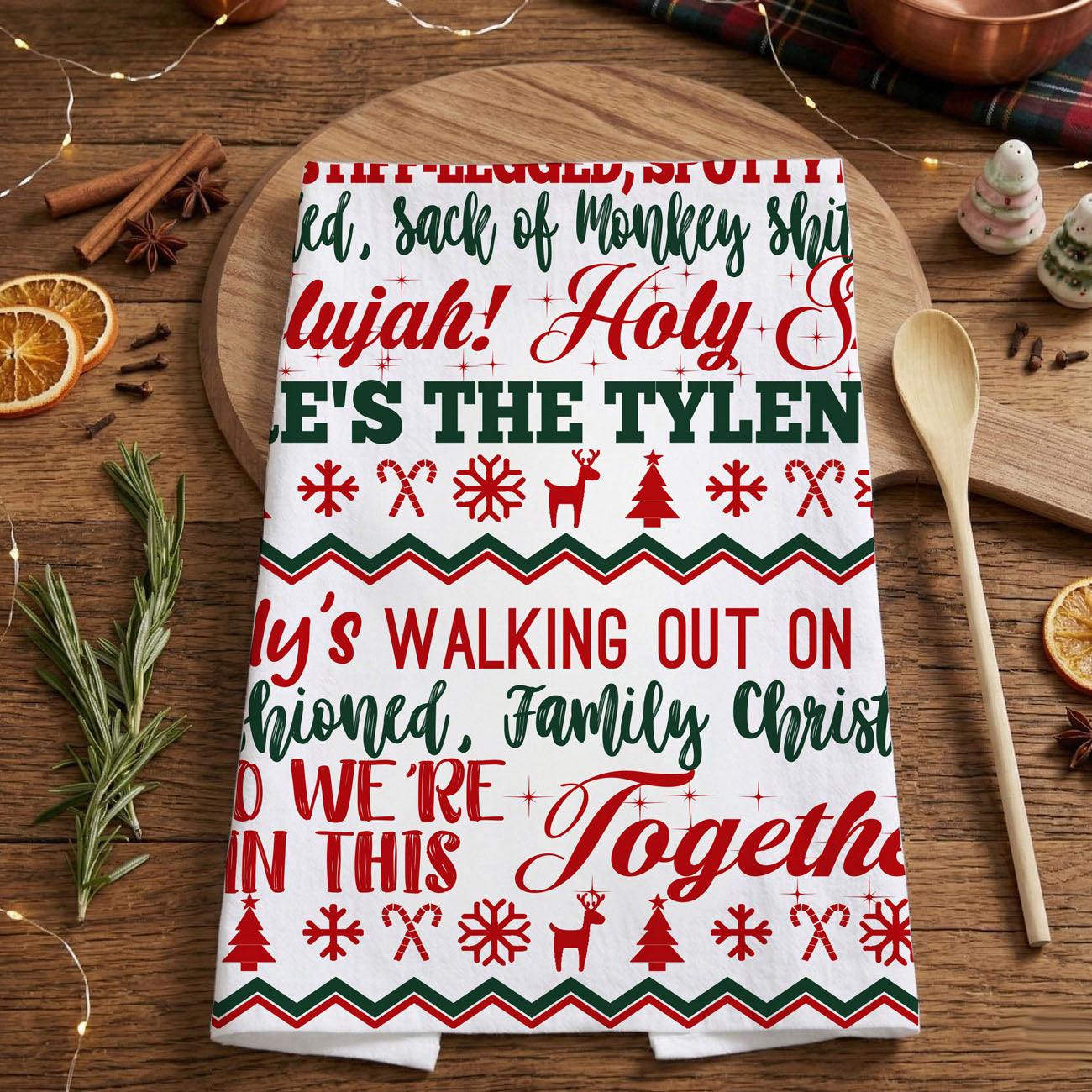 funny christmas decorations that aren’t cheesy
kitchen towels with funny sayings for christmas
holiday decor that is actually funny kitchen towel
christmas kitchen towels for adults humor