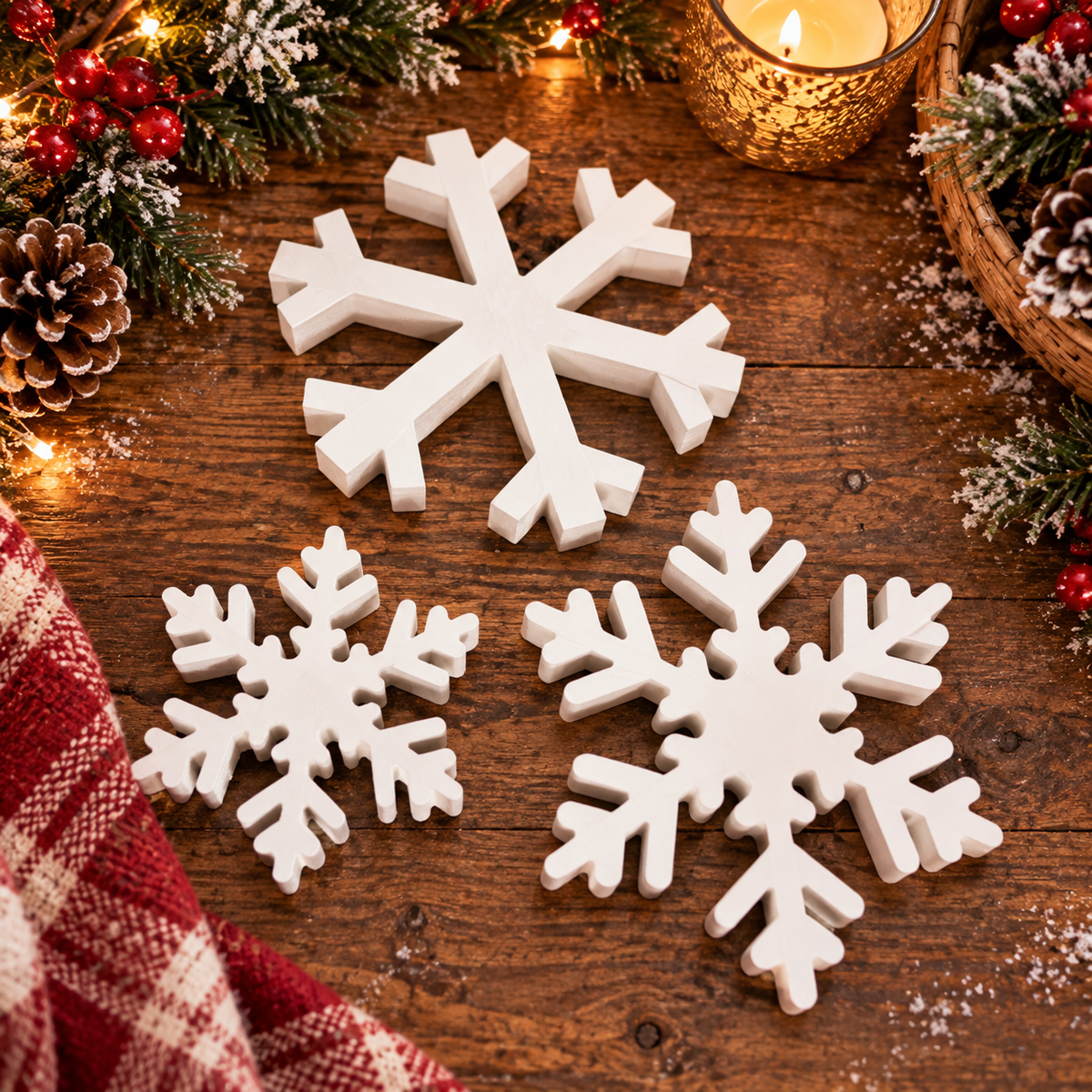 white wooden snowflake Christmas decorations on rustic wood table
wooden snowflake decor surrounded by Christmas greenery and red berries