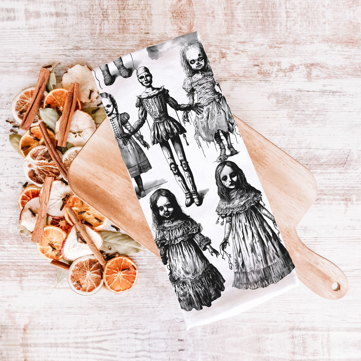 creepy doll print cotton towel for witchy halloween décor
dark carnival clown dish towel for eerie halloween vibe
spooky clown balloon towel used as halloween wall hanging