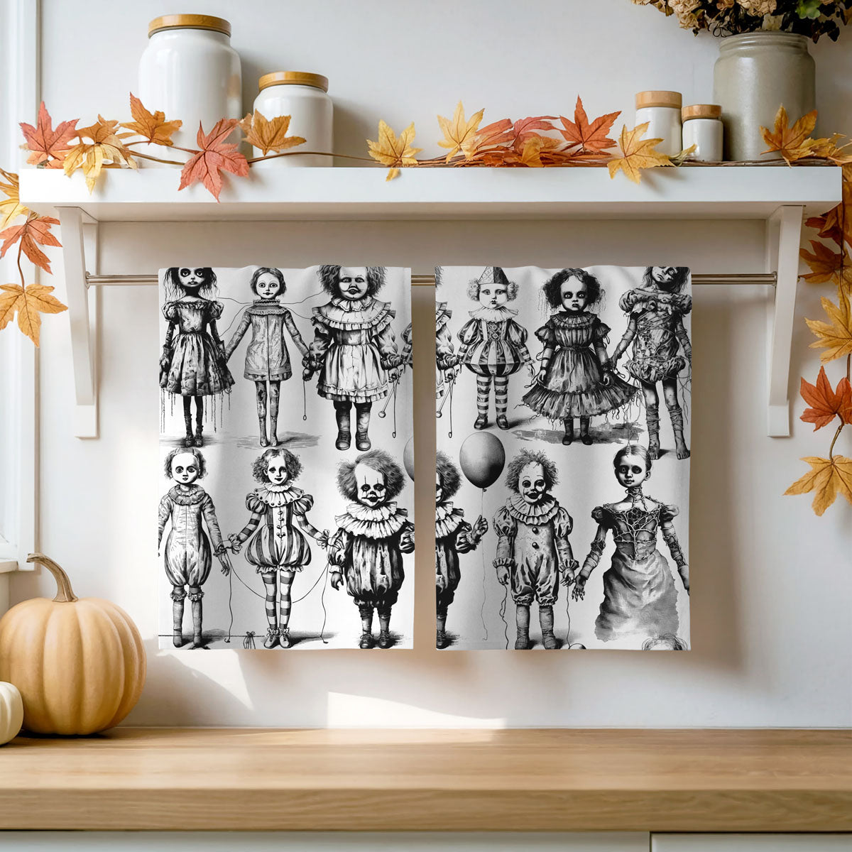 creepy halloween tea towel with haunted dolls
scary doll print kitchen towel for spooky décor
halloween dish towel with black and white horror clowns