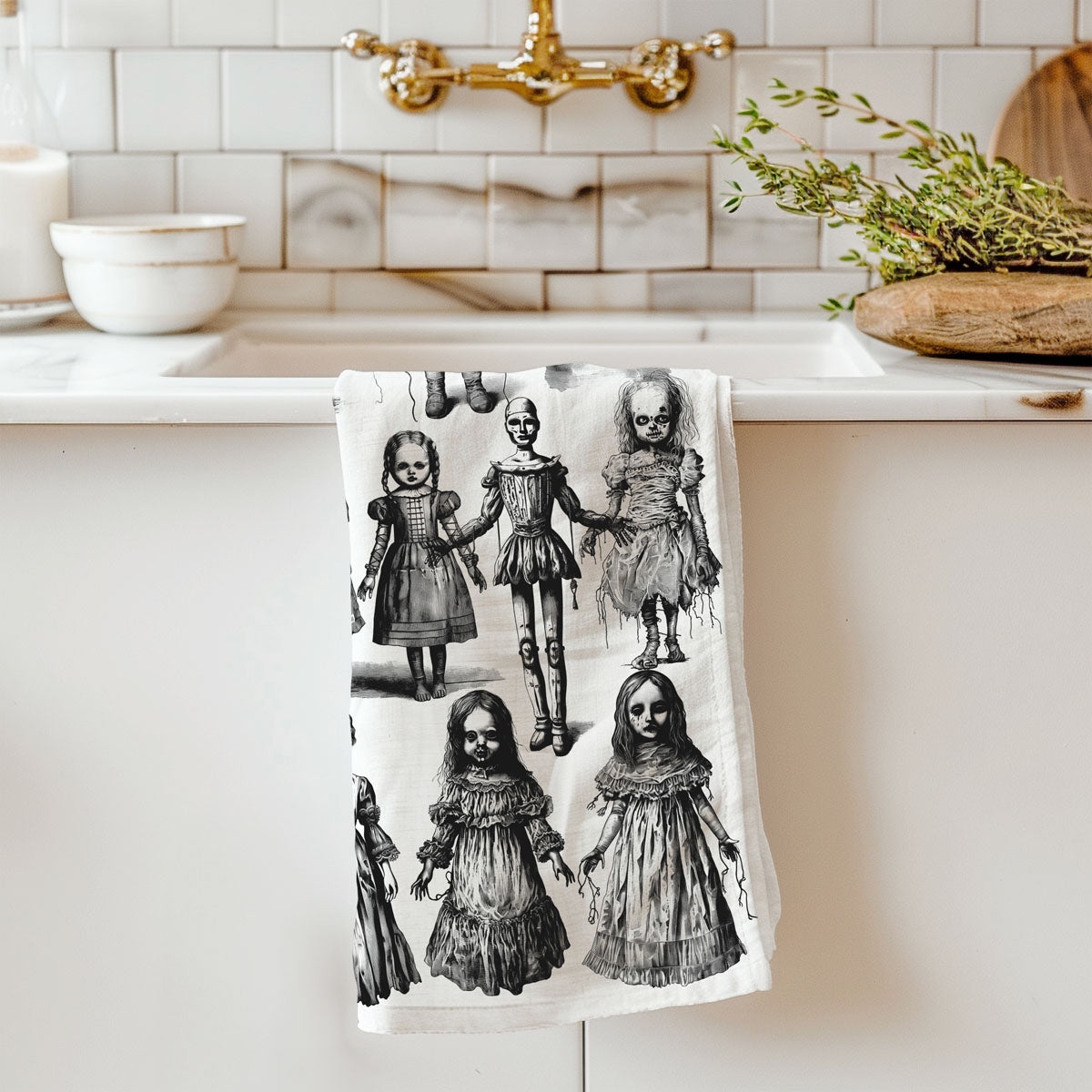 halloween decor flour sack towel with creepy toys and clowns
spooky black and white clown towel for haunted kitchen
horror themed halloween cotton towel for scary movie fans
black and white creepy characters towel for halloween displays