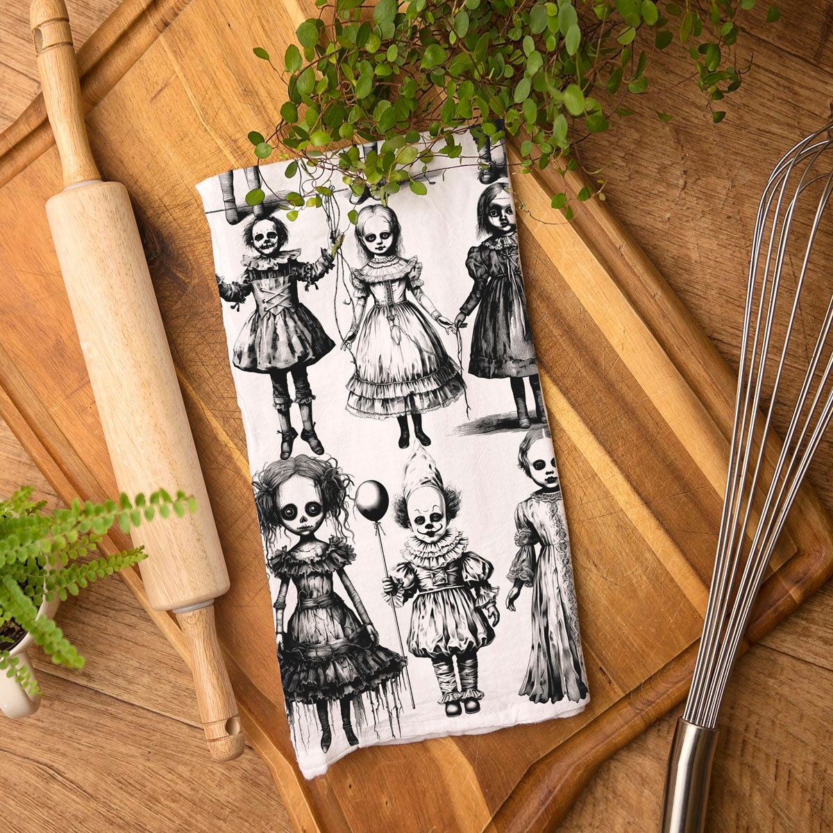 creepy doll and clown print towel for fall home décor
unique halloween gift creepy doll kitchen hand towel
black and white skull eyed doll towel for horror kitchen