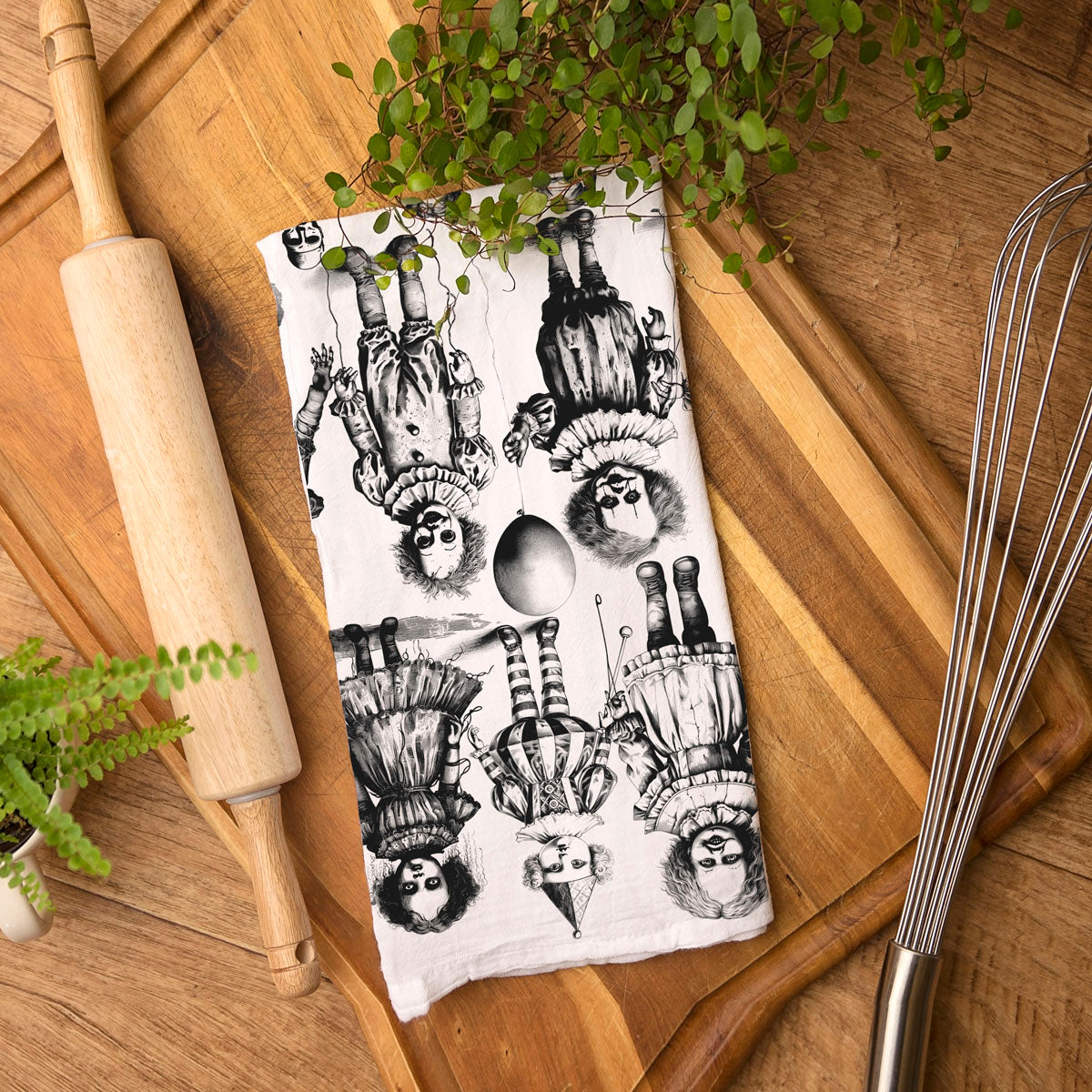 spooky kitchen towel for horror themed halloween party
black and white halloween horror towel with creepy toys
haunted doll collection towel for scary home accents
creepy gothic dish towel for alternative halloween décor
