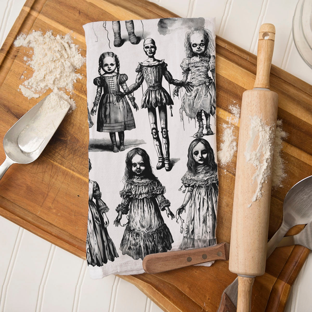 creepy circus doll kitchen towel for october decorating
weird doll artwork towel for gothic halloween gifts
evil clown and doll tea towel for halloween bar cart
Creepy Doll & Clown Halloween Flour Sack Towel – Black and White Horror Kitchen Dish Towel