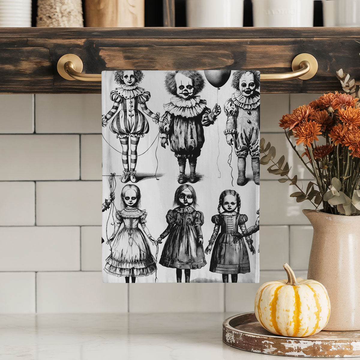 creepy doll illustration flour sack towel for gothic décor
sinister clown face dish towel for scary season decorating
haunted doll kitchen towel for trick or treat entertaining
