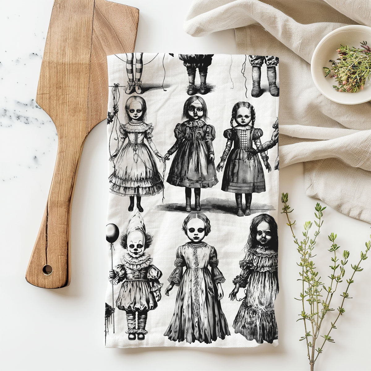 scary doll art towel for witchy halloween home
haunted toy box design towel for eerie fall décor
sinister doll and clown print towel for haunted kitchen
creepy halloween home décor unique doll design towel