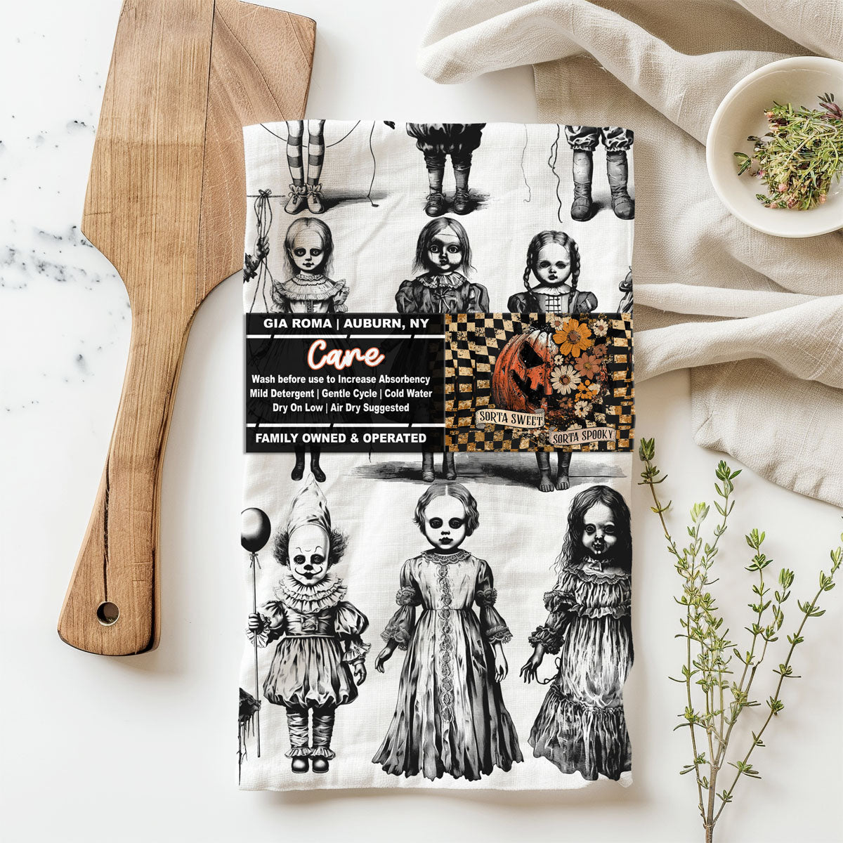 creepy doll halloween kitchen towel black and white
scary clown dish towel for halloween décor
horror doll flour sack towel for spooky kitchen
black and white creepy doll print halloween tea towel