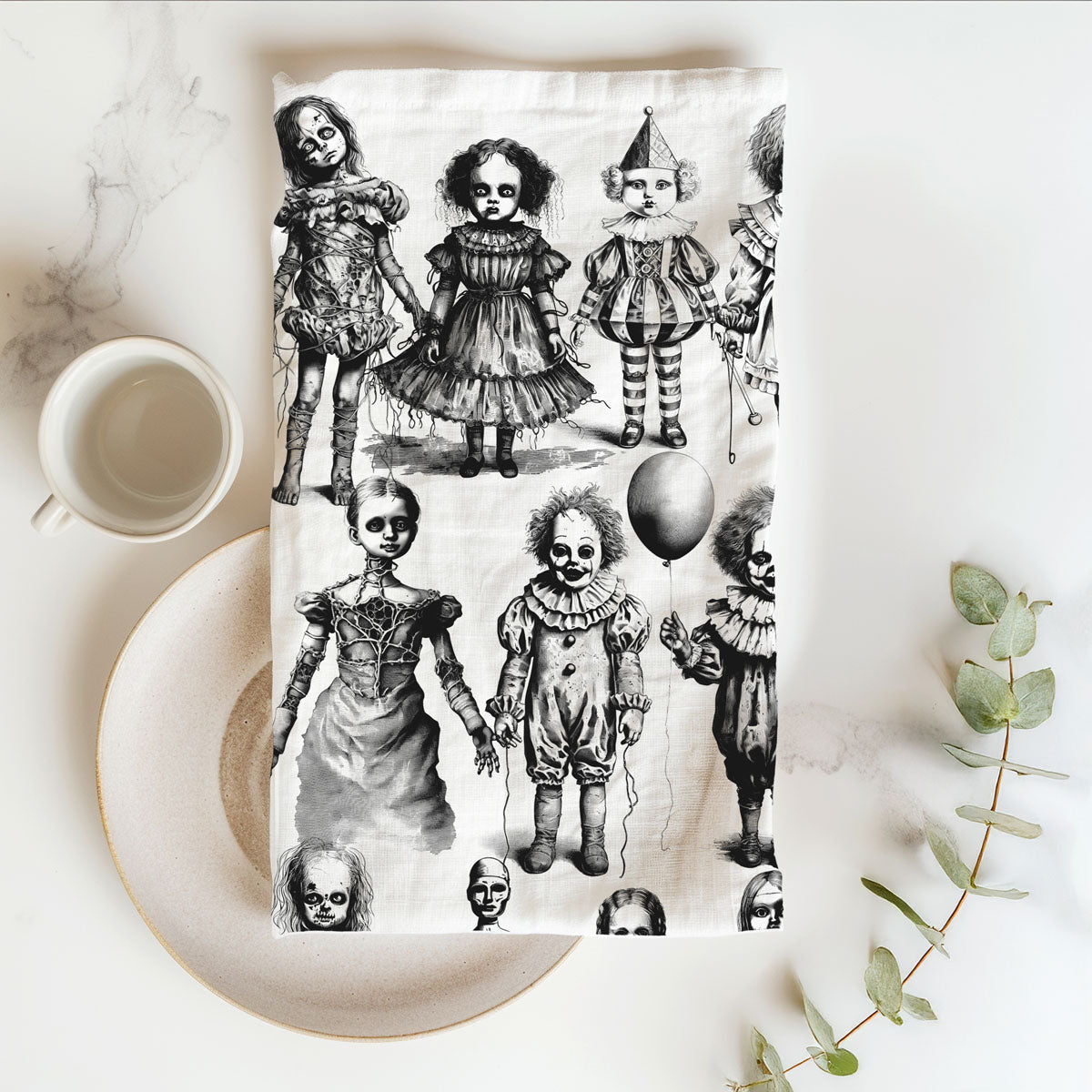 retro halloween creepy doll towel for alternative home style
edgy halloween home décor black and white doll towel
haunted vintage clown towel hanging from oven door
spine-chilling doll design towel for october kitchen refresh