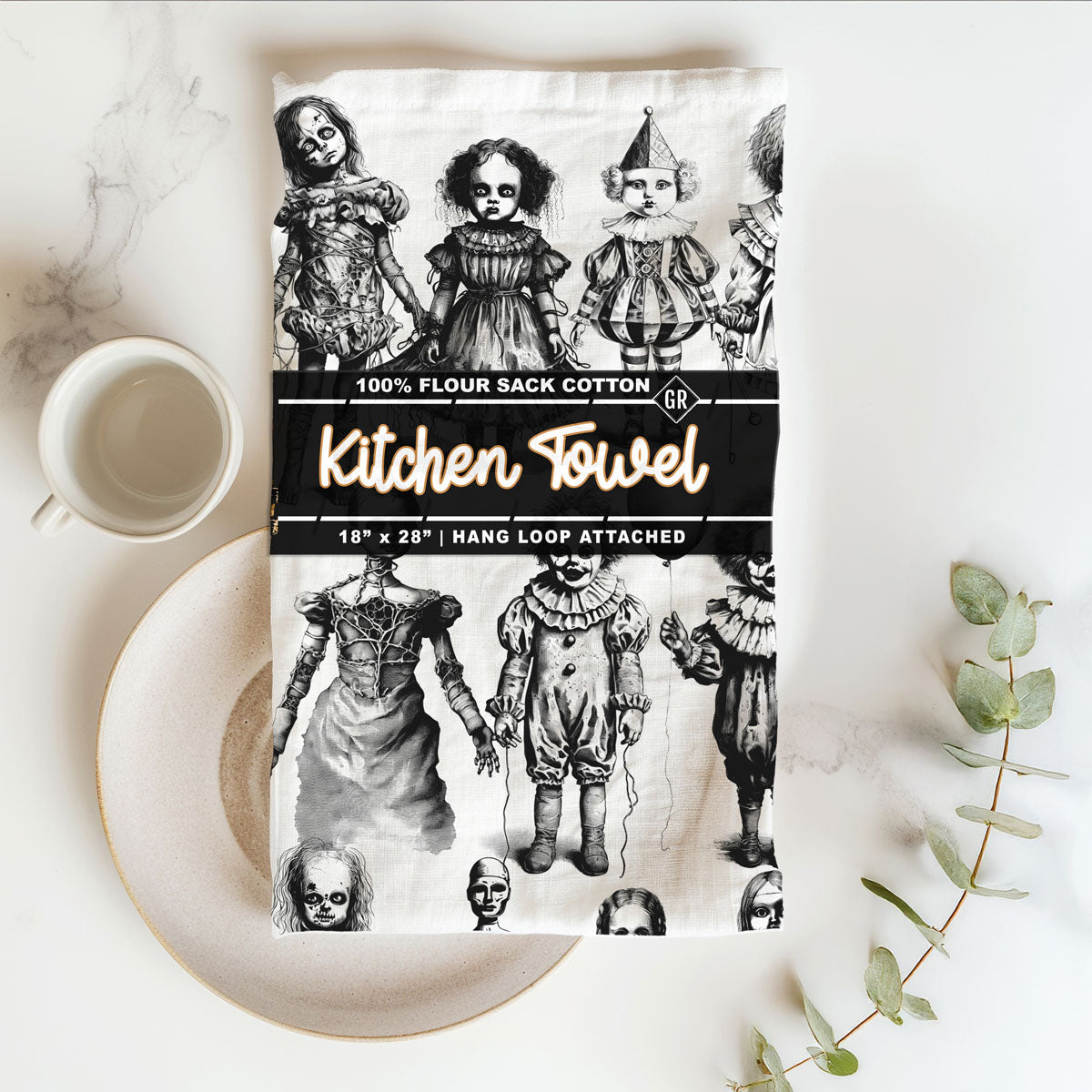 scary kitchen towel gift for horror loving friend
gothic halloween gift creepy dolls flour sack towel
unique horror tea towel for spooky apartment décor
black and white creepy costume doll kitchen towel
