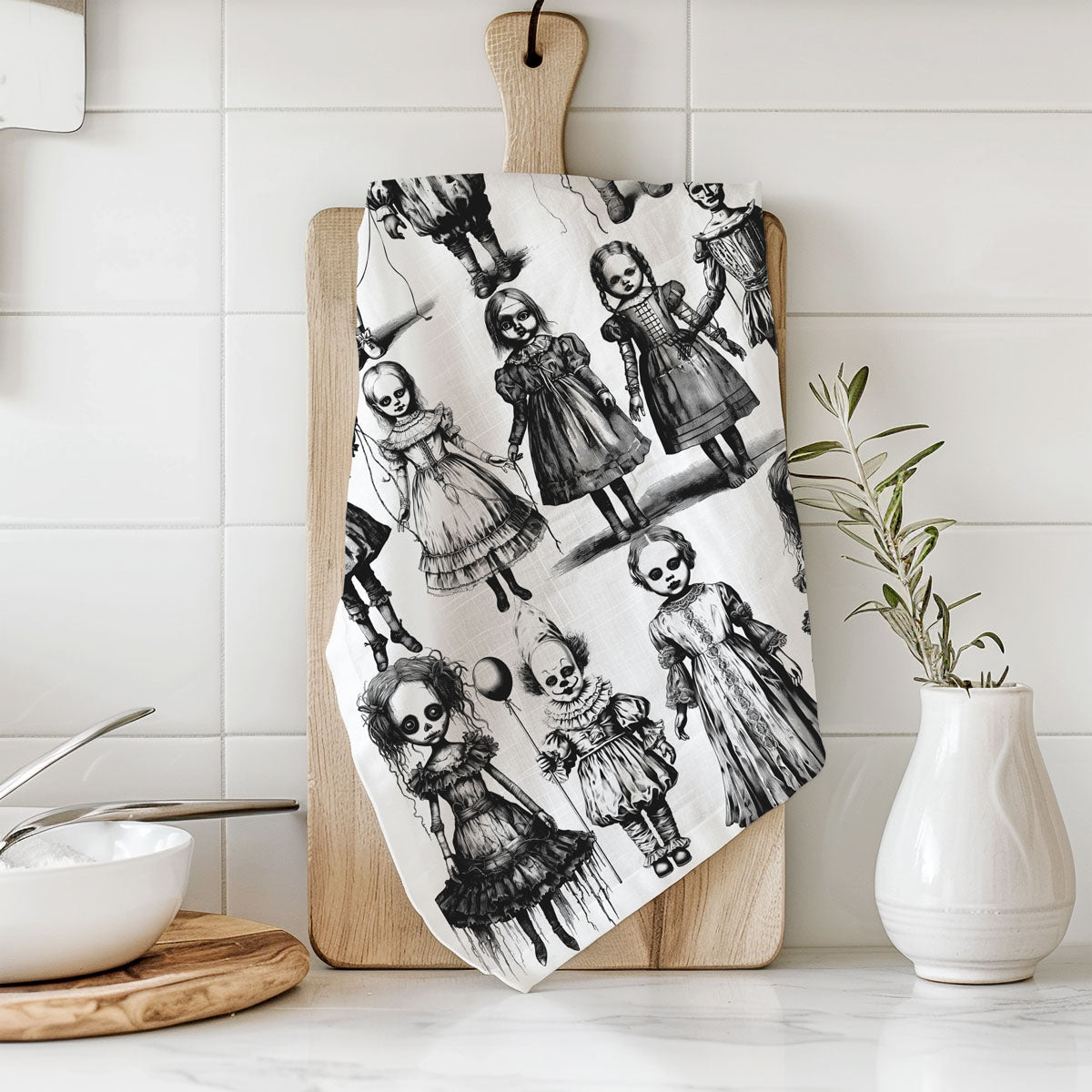 creepy doll face tea towel for gothic farmhouse kitchen
scary clown balloon towel for halloween coffee bar
vintage style creepy doll halloween gift towel
black and white horror themed dish towel with dolls