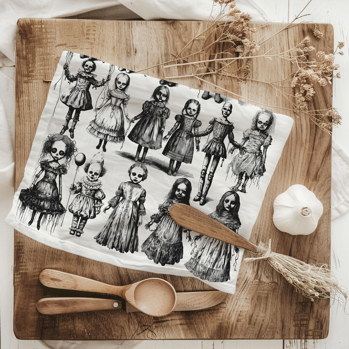 weird clown halloween tea towel for horror lovers
scary doll kitchen towel for halloween party décor
unique halloween home décor creepy doll dish towel
creepy halloween hostess gift scary doll kitchen towel